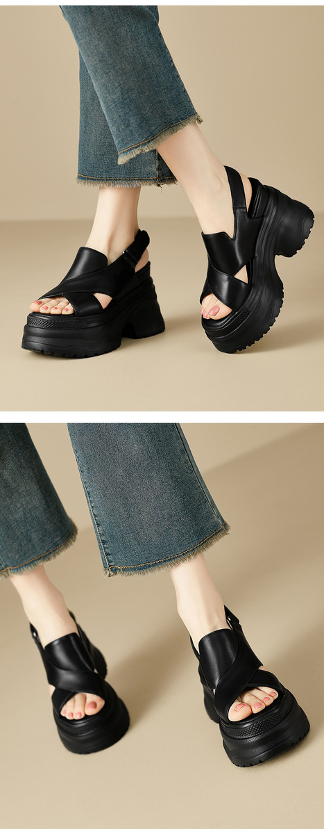 Sandal La Mã nữ quai ngang hở mũi đế dày tăng chiều cao, khóa dán tiện lợi — Màu đen, Màu trắng