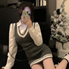 College Style V Neck Sleeveless Slim Knitted Vest Dress Short Skirt White Shirt Women's Spring & Fall Age-Reducing Two-Piece Suit