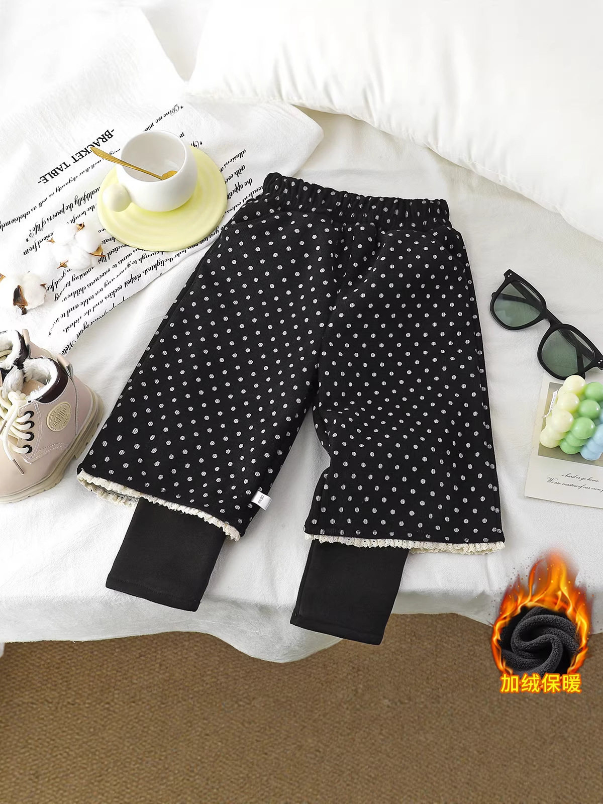 Girls' Stylish Forest Style Fleece-Lined Thickened Floral Polka Dot Fake Two-Piece Pants, New Winter Double-Layer Thickened Trousers