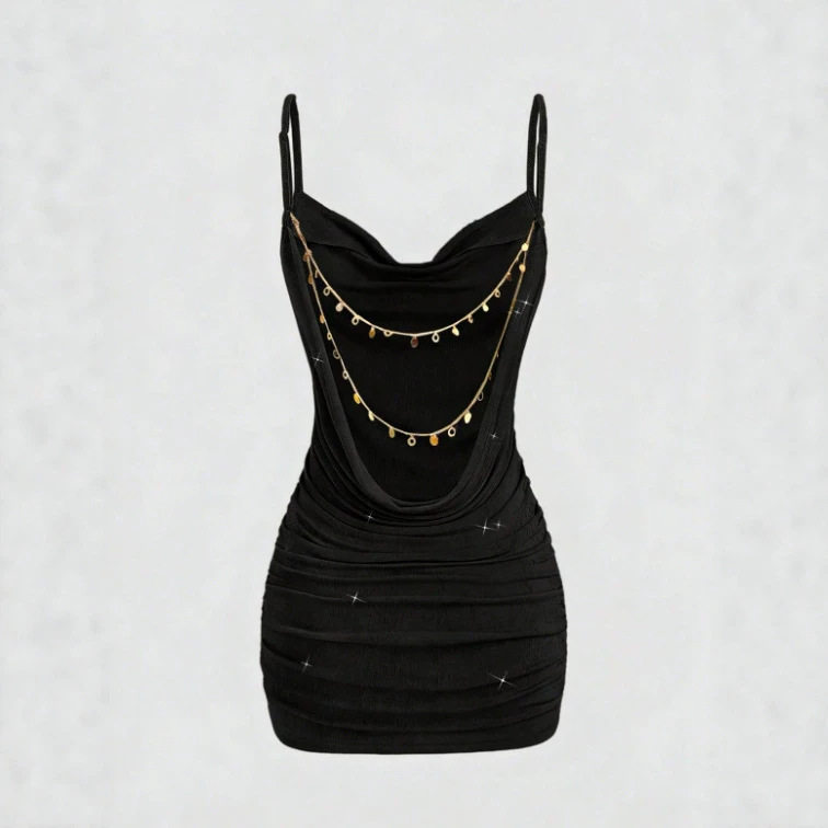 Womens Spring Summer Cross Back Dress Pleated Design Chain Detail Elegant Silhouette Perfect for Parties and Events