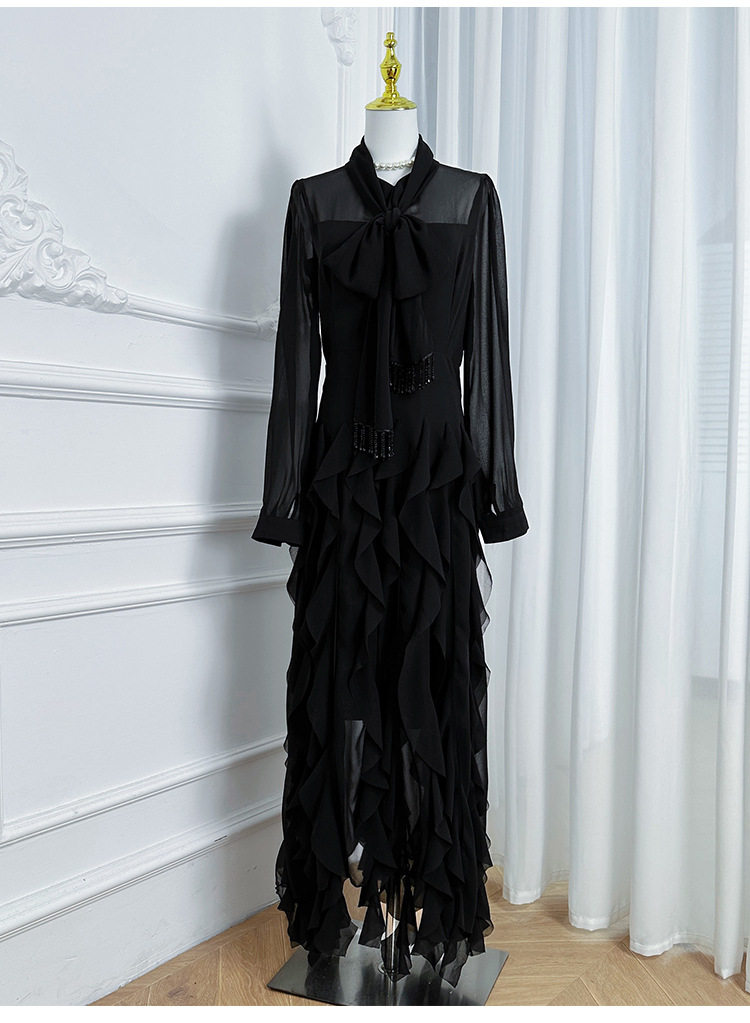 French Elegant Long Sleeve Dress with Bow Tie Ruffled Hem Waist Cinching Design Autumn Fashion for Women Wholesale