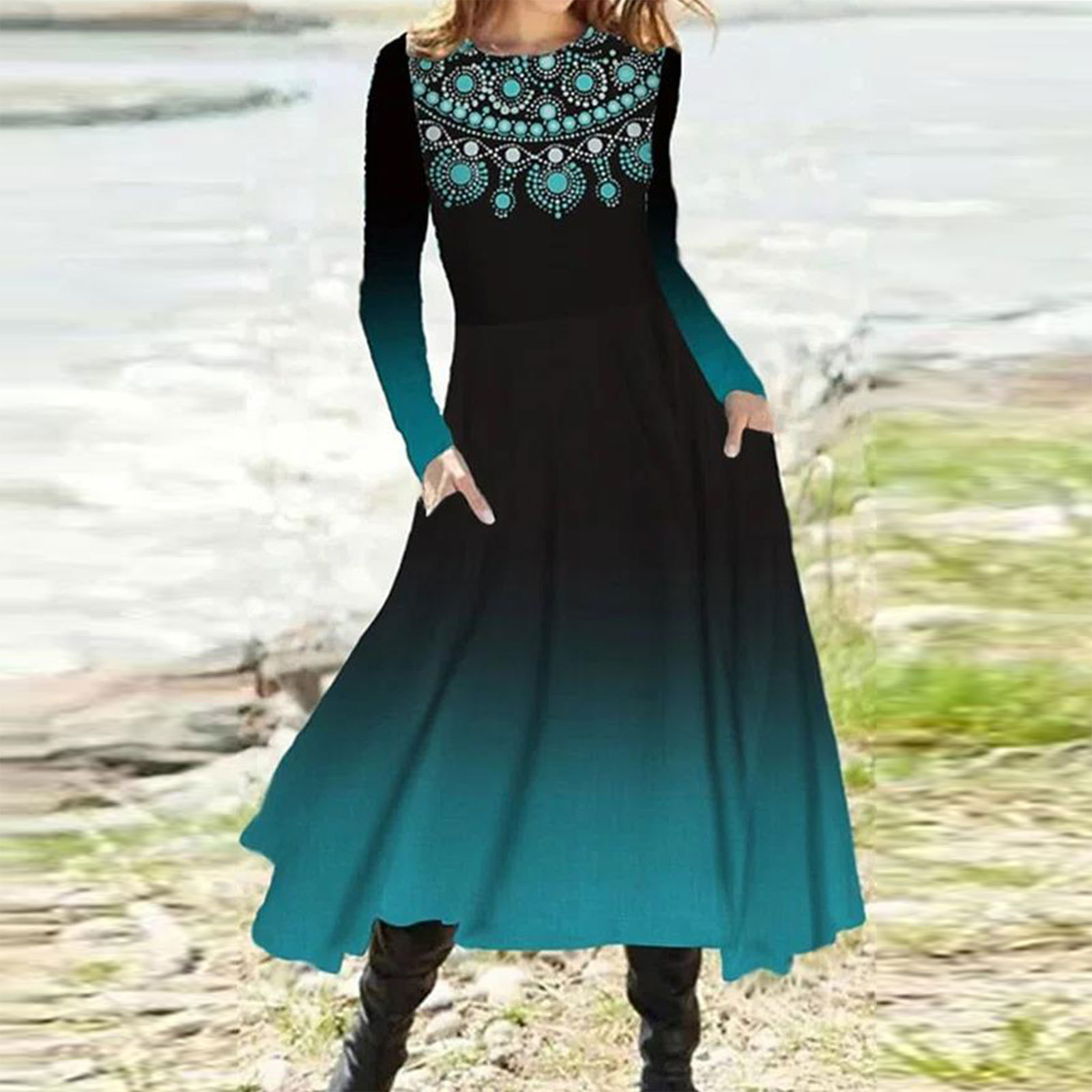 Long Sleeve Gradient Print Maxi Dress with Pockets for Fall Winter Wholesale in Various Sizes and Colors