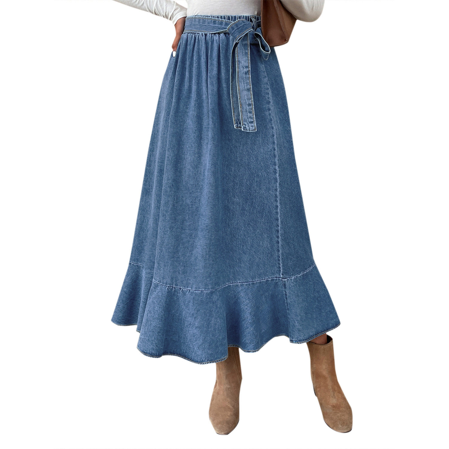 High Waisted Denim Skirt Mid Length Ruffled Hem Pleated Design Casual Wear for Women Wholesale Available
