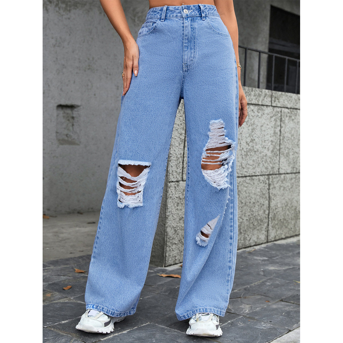 High Waisted Wide Leg Distressed Jeans Loose Fit Casual Style Trendy Design Perfect for Everyday Wear Wholesale