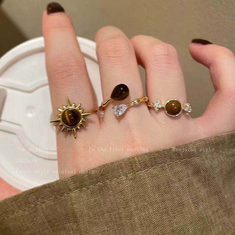 Golden Sunflower Tiger Eye Stone Ring Women's Light Luxury N...