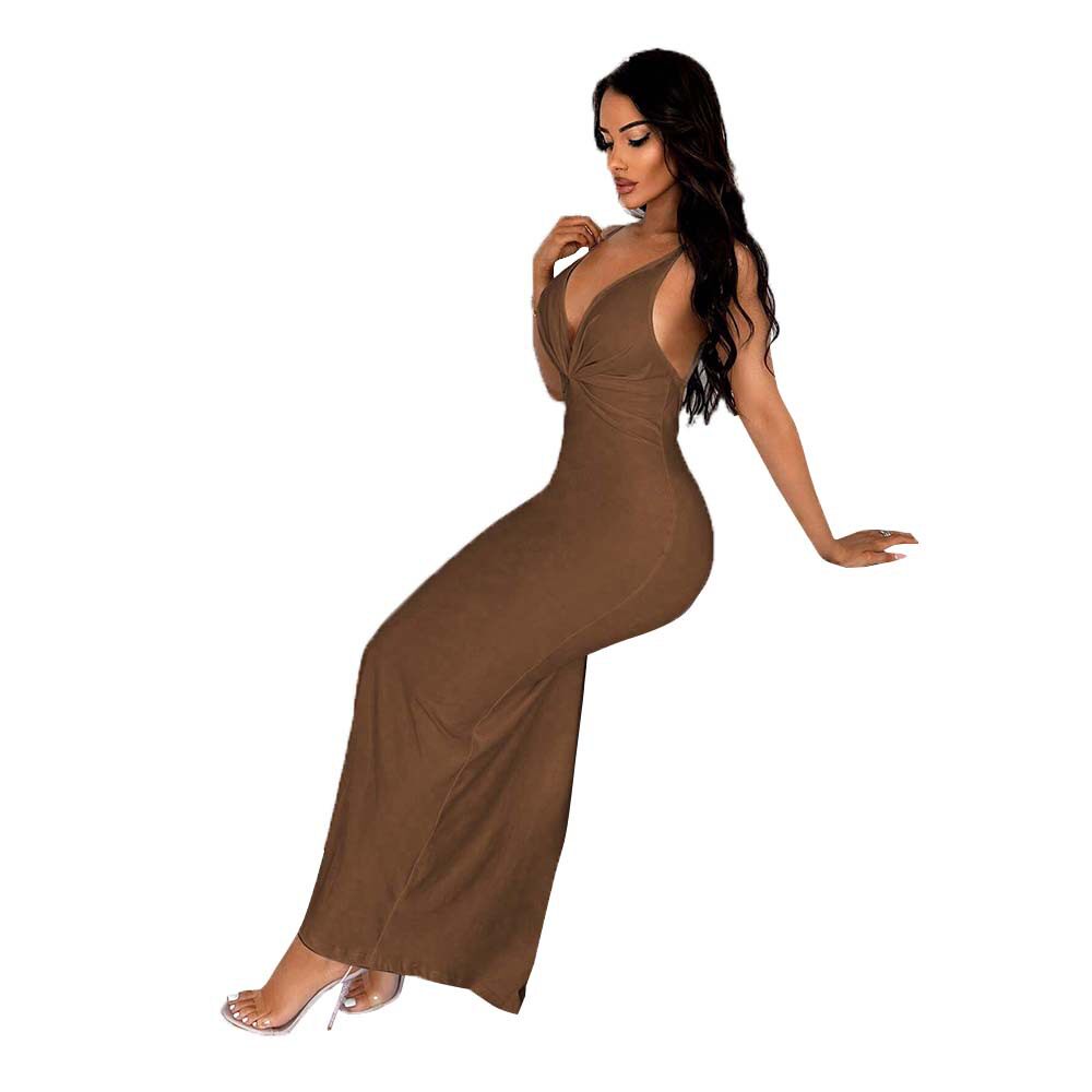 Summer Womens Bodycon Maxi Dress Solid Color Knitted Backless High Waist Slim Fit Casual or Party Wear
