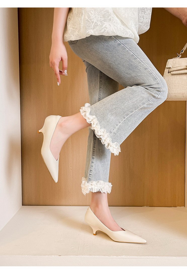Giày cao gót nữ mũi nhọn cổ V hở mu bàn chân kiểu lười, gót trung 5cm thanh lịch đi làm dự tiệc — màu đen, Màu đỏ rượu, Màu trắng ngà