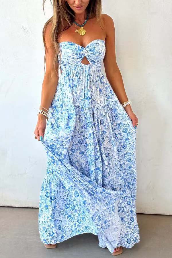 Elegant Floral Print Strapless Backless Dress Spring Collection Womens Fashion Wholesale Available