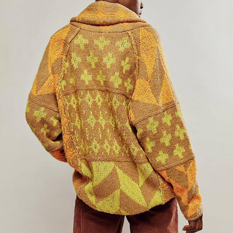 欧美2024秋冬新品针织衫 Y2K抽象印花翻领宽松长袖针织毛衣女