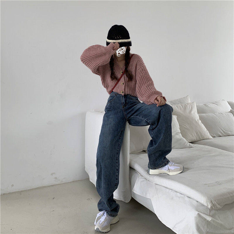 High Waisted Loose Fit Denim Pants Vintage Style Straight Leg Versatile Slimming Spring and Autumn Fashion
