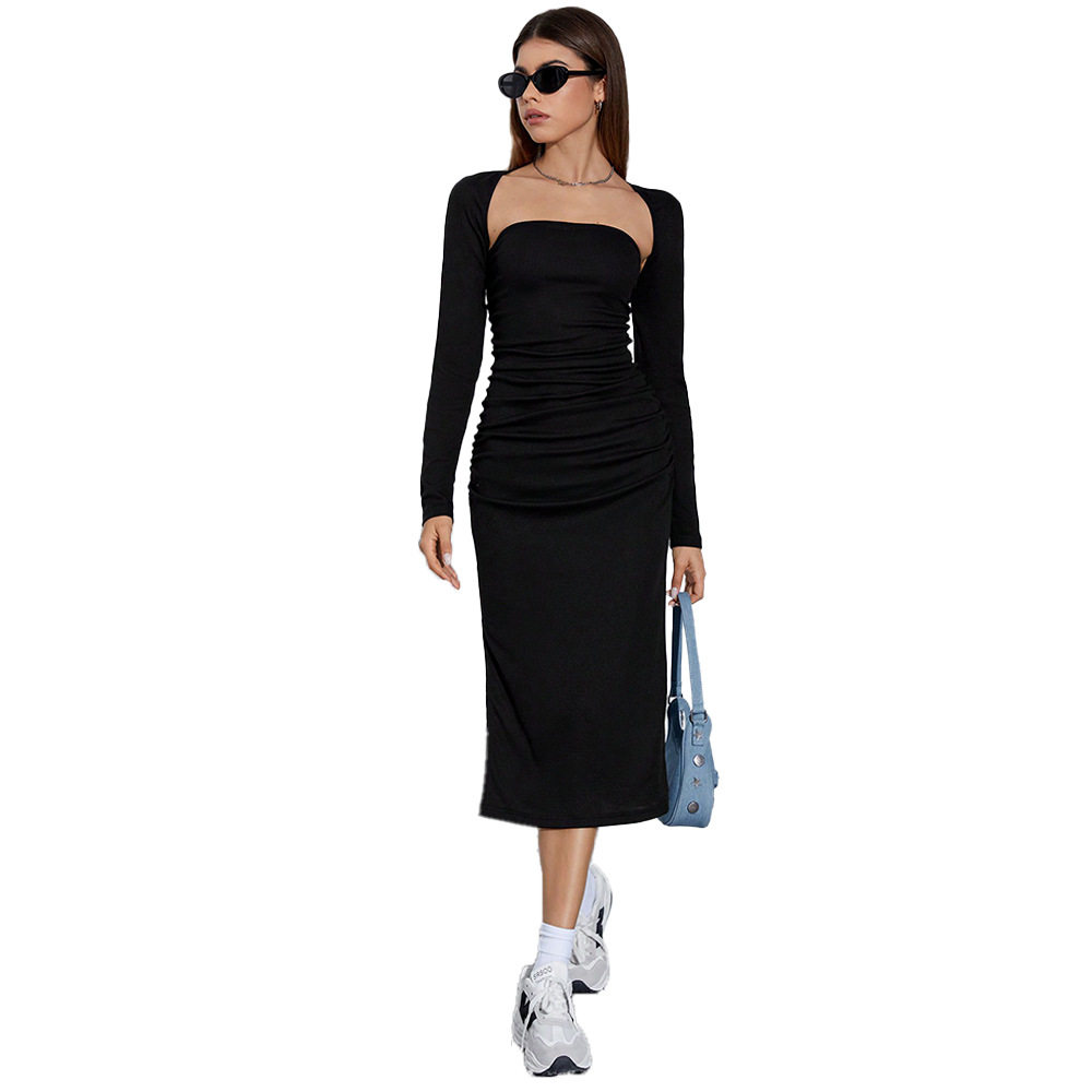 Two Piece Dress Set Sexy Strapless Long Sleeve Mid Length Side Slit Autumn Winter Fashion for Women Wholesale