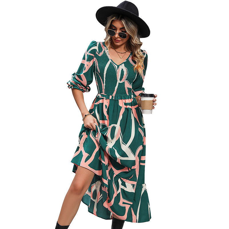 Floral Print V Neck Dress Womens Autumn Fashion Elegant and Comfortable Available for Wholesale