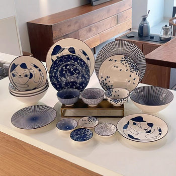 Japanese-Style Bowls and Plates Household Ceramic Round Dinner Tableware Creative Plate Bowls and Plates Combination Set