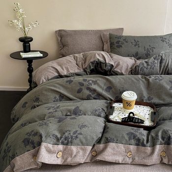 New Product Category a Maternal and Infant Grade Thickeneded High Weight Linen Retro Style Double-Layer Yarn Printed Button Four-Piece Set Three-Piece Set