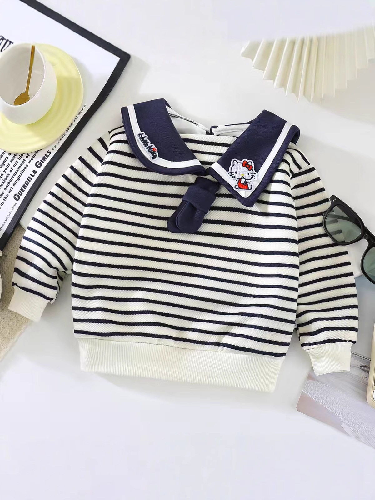 Girls' Long-Sleeve Sailor Collar Striped Hoodie, Autumn Toddler Outfit, Baby Girl Sportswear Hoodie