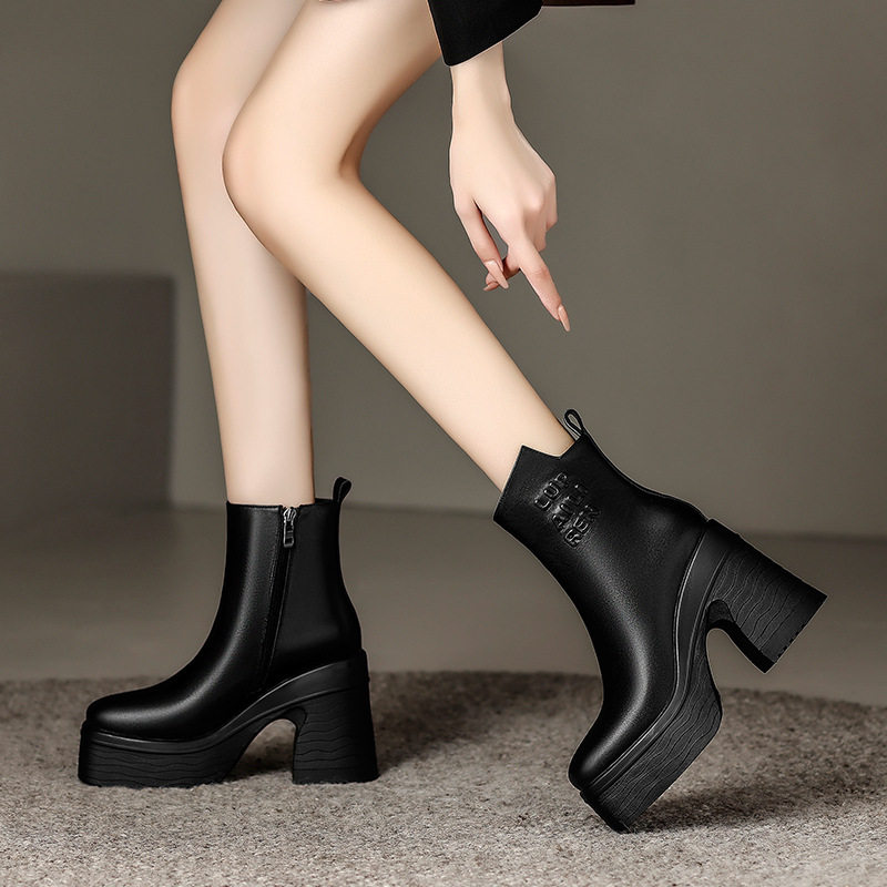 Boot Martin nữ cổ ngắn da bò thật, gót vuông đế dày tăng chiều cao, mũi vuông — Lớp lót đơn màu be, Lớp lót nhung màu be, Màu đen một lớp, nhung đen