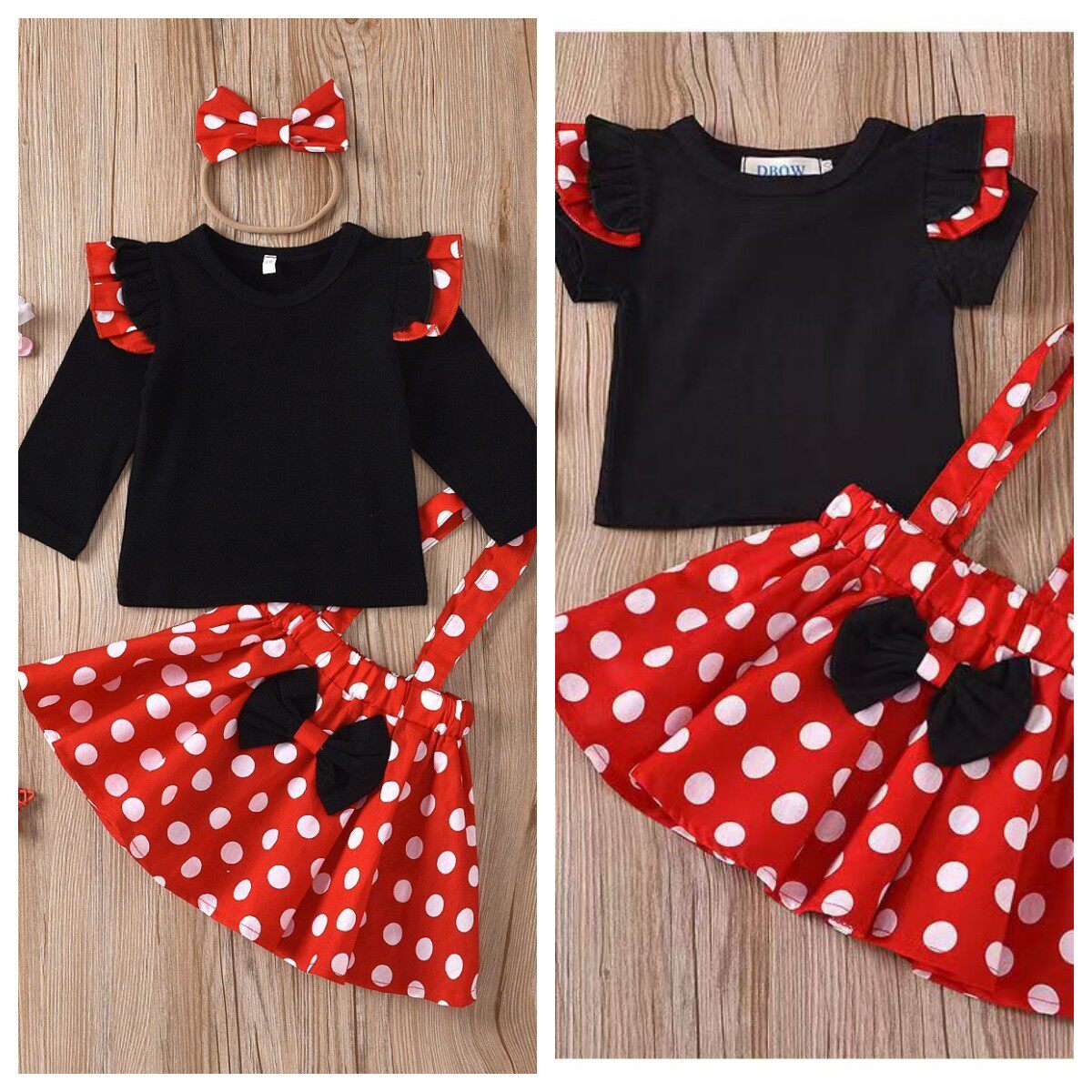 pleated skirt for children in autumn and winter, long-sleeved cartoon polka dot suspender skirt, children's clothing with hair tie