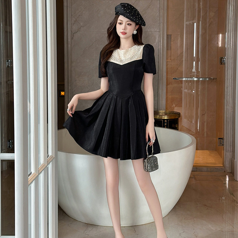 Đầm ôm body nữ cổ tròn tay ngắn eo cao phong cách Pháp — [Đen trứng cá]