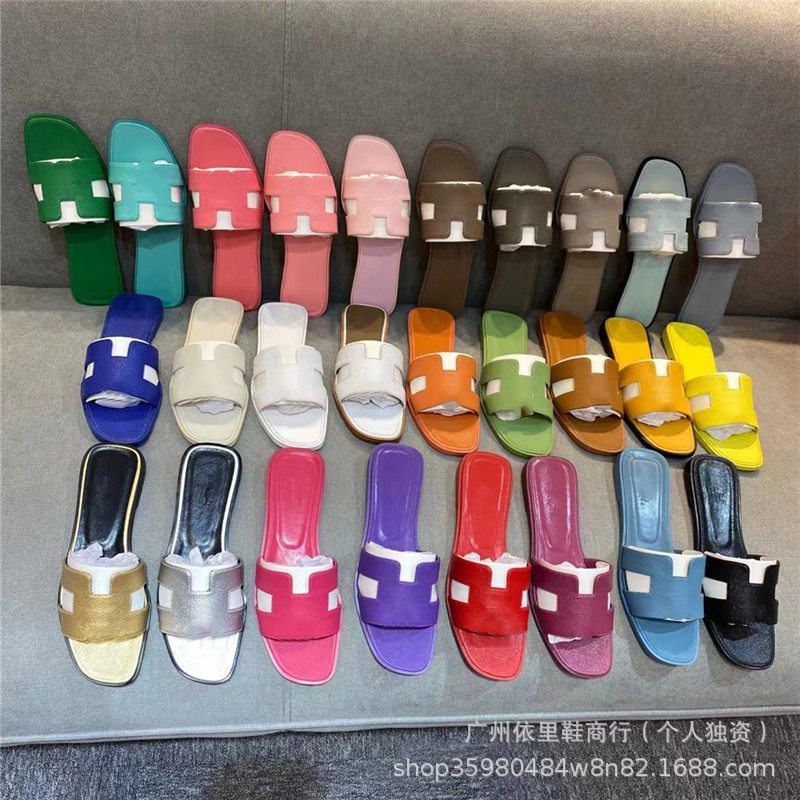 Cross-Border European Classic H-Brand Slippers, One-Line Flat Sheepskin Palm-Pattern Patent Leather Sandals, Fashionable and Versatile Wholesale