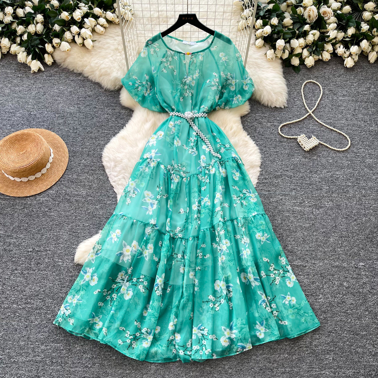 French Style V Neck Floral Dress Short Sleeve Waist Defining A Line Silhouette Summer Vacation Wear Wholesale