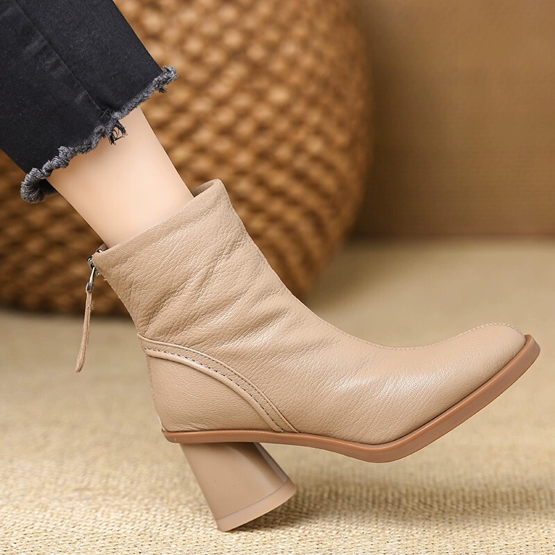 Boot nữ cổ thấp lông xù giữ ấm khóa kéo sau gót dày mũi tròn — Màu đen, Màu mơ