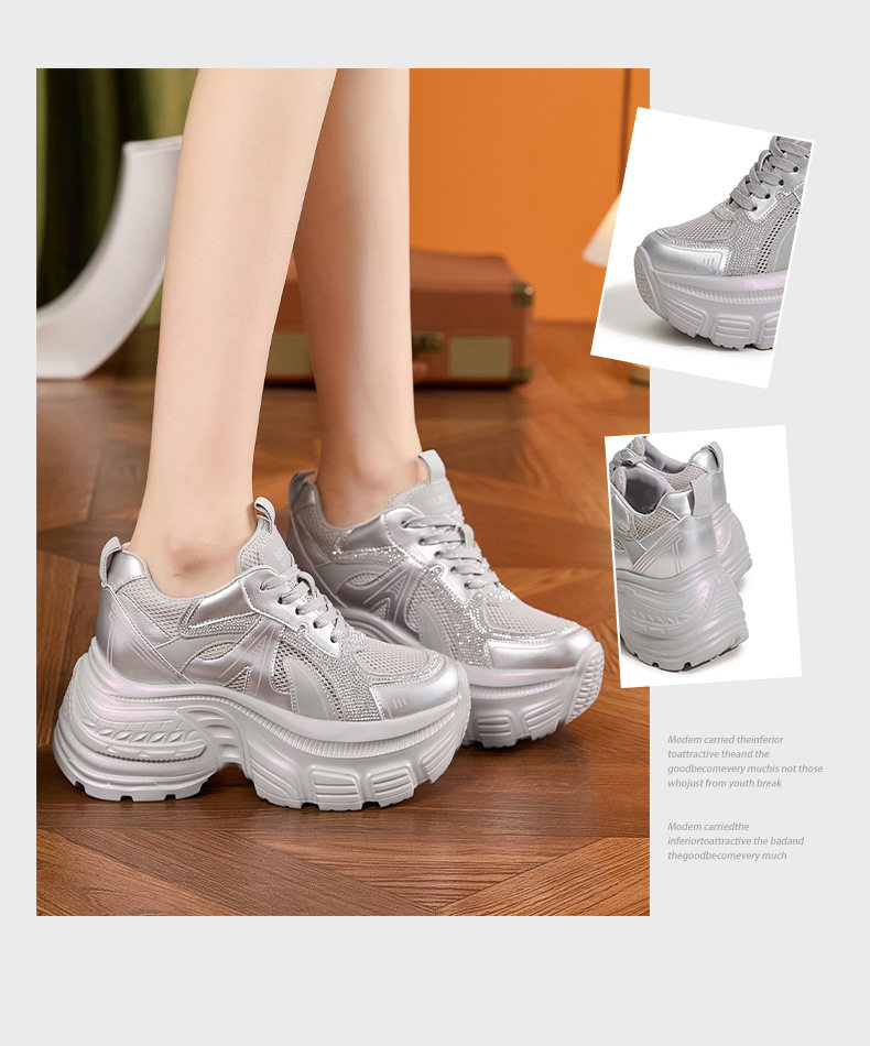 Giày sneaker nữ đế dày chunky tăng chiều cao lưới thoáng khí mùa hè — Trắng, Bạc chi tiết 3