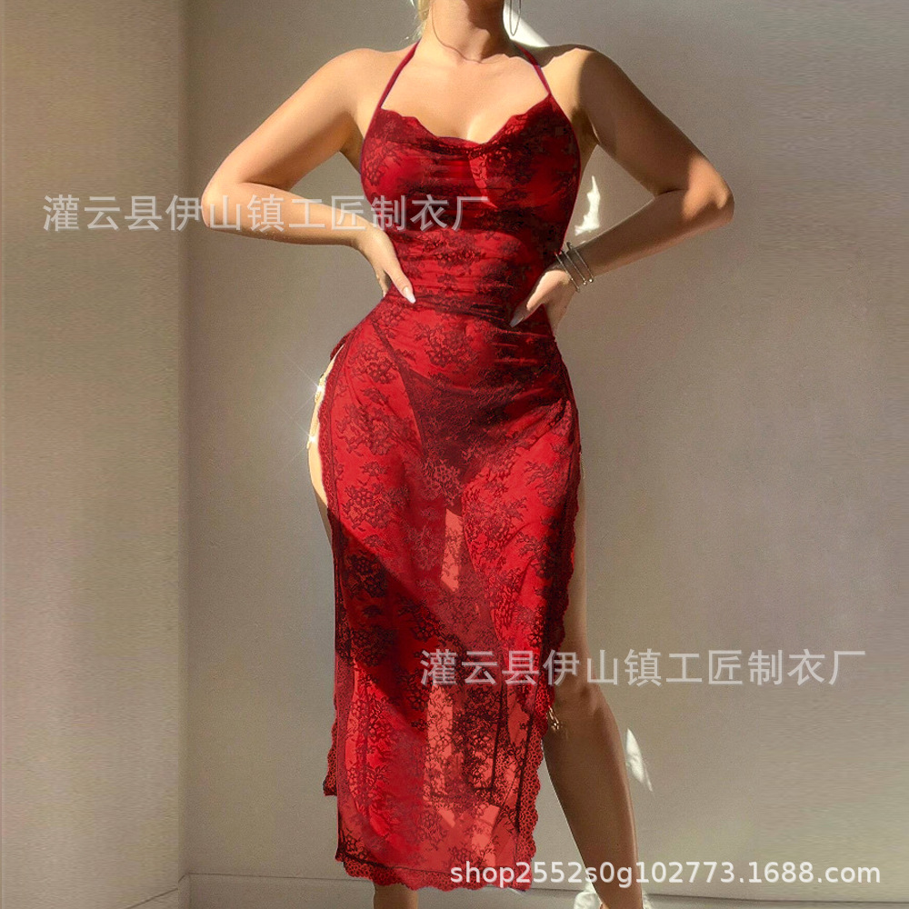 欧美外贸跨境性感透视网纱睡衣蕾丝包臀连衣裙开叉激情情趣内衣女