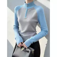 Slim Fit, Comfortable, Trendy, Fashionable, Versatile Gray-Blue Color-Block Top for Women, 2025 Spring Stand Collar Half-Zip Base Shirt