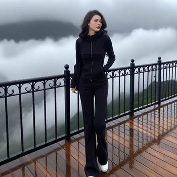 Casual Sports Suit Zipper Long-Sleeved Jacket Women's Spring High-Waisted Slim Micro-Flared Pants Wide-Leg Pants Two-Piece Set
