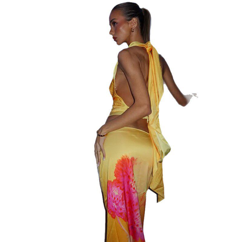 Beach Vacation Floral Print Halter Neck Backless Top and Long Skirt Set Summer Style Wholesale Availability
