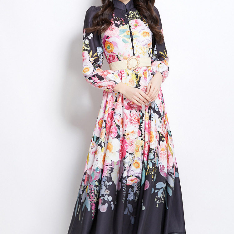 Vintage Floral Print Long Dress Stand Collar Lantern Sleeves Waist Defined Elegant Style Spring Fashion Wholesale