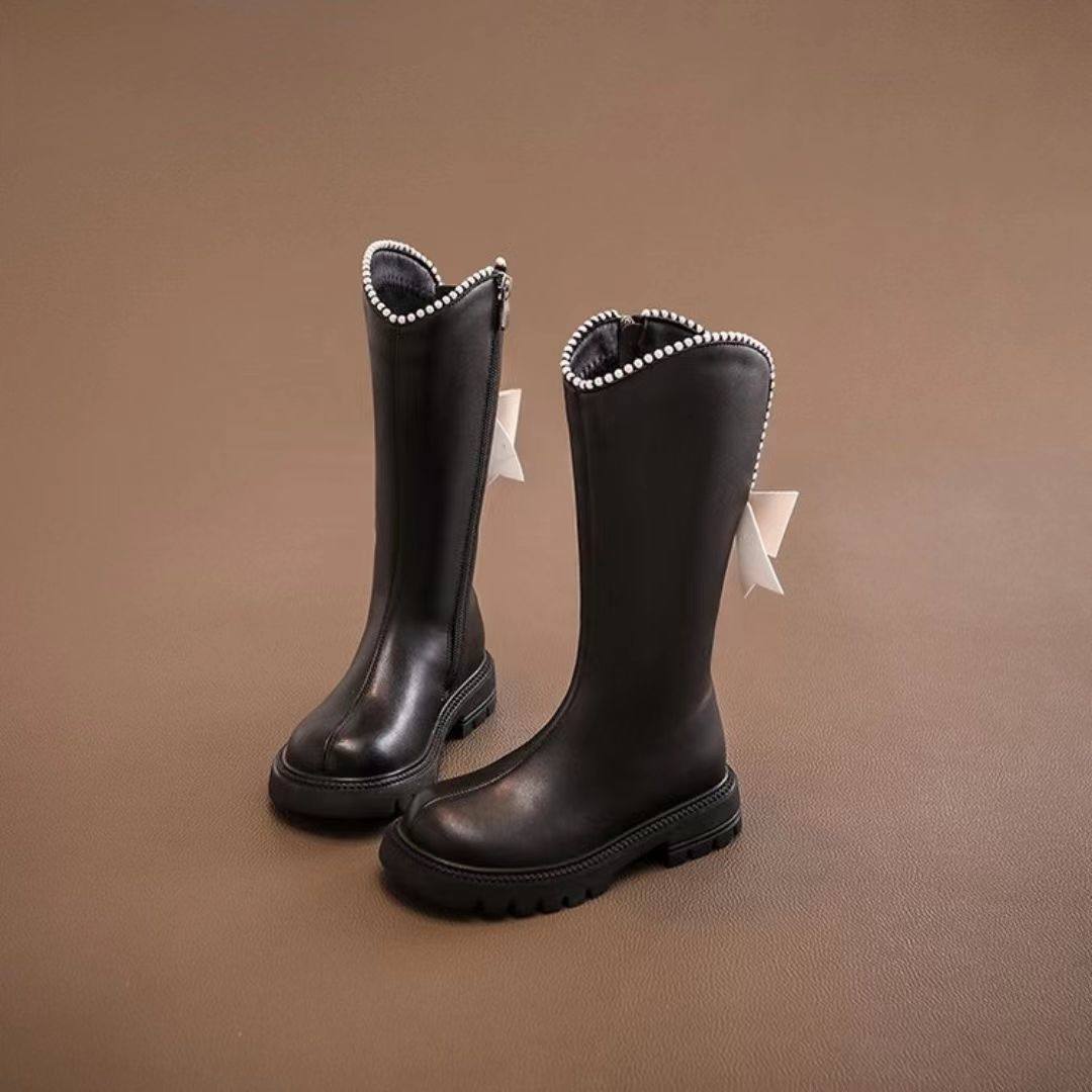 Girls' Autumn and Winter Leather Boots 202 New Style Long Plush-Lined Martin Boots Children's High Boots Girls' Fashion Boots Single Boots