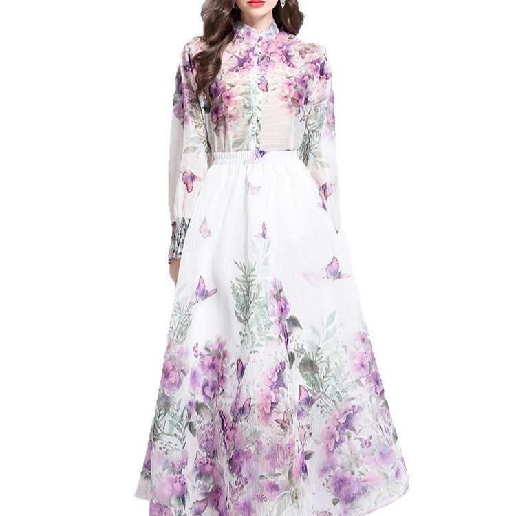 Womens High End Floral Print Two Piece Set Lantern Sleeve Top High Waist Skirt Spring Fashion for Elegant Occasions