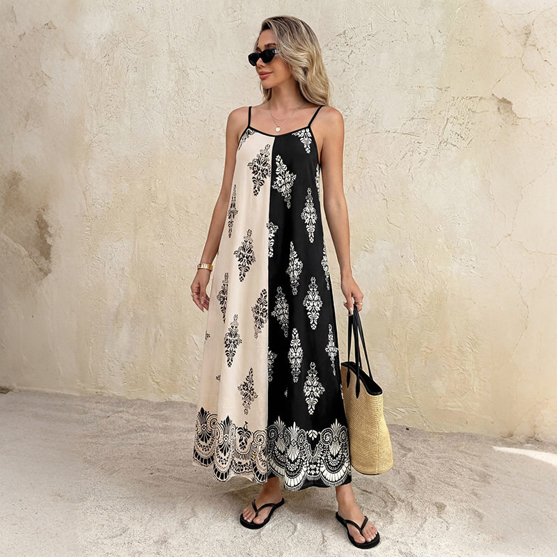 Bohemian Maxi Dress Loose Fit Color Block Paisley Print Sleeveless Summer Vacation Wear Wholesale Available