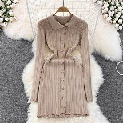 Vintage Inspired Long Sleeve Polo Dress Slim Fit Waist Defining Knitted Fabric Autumn Fashion for Women Wholesale
