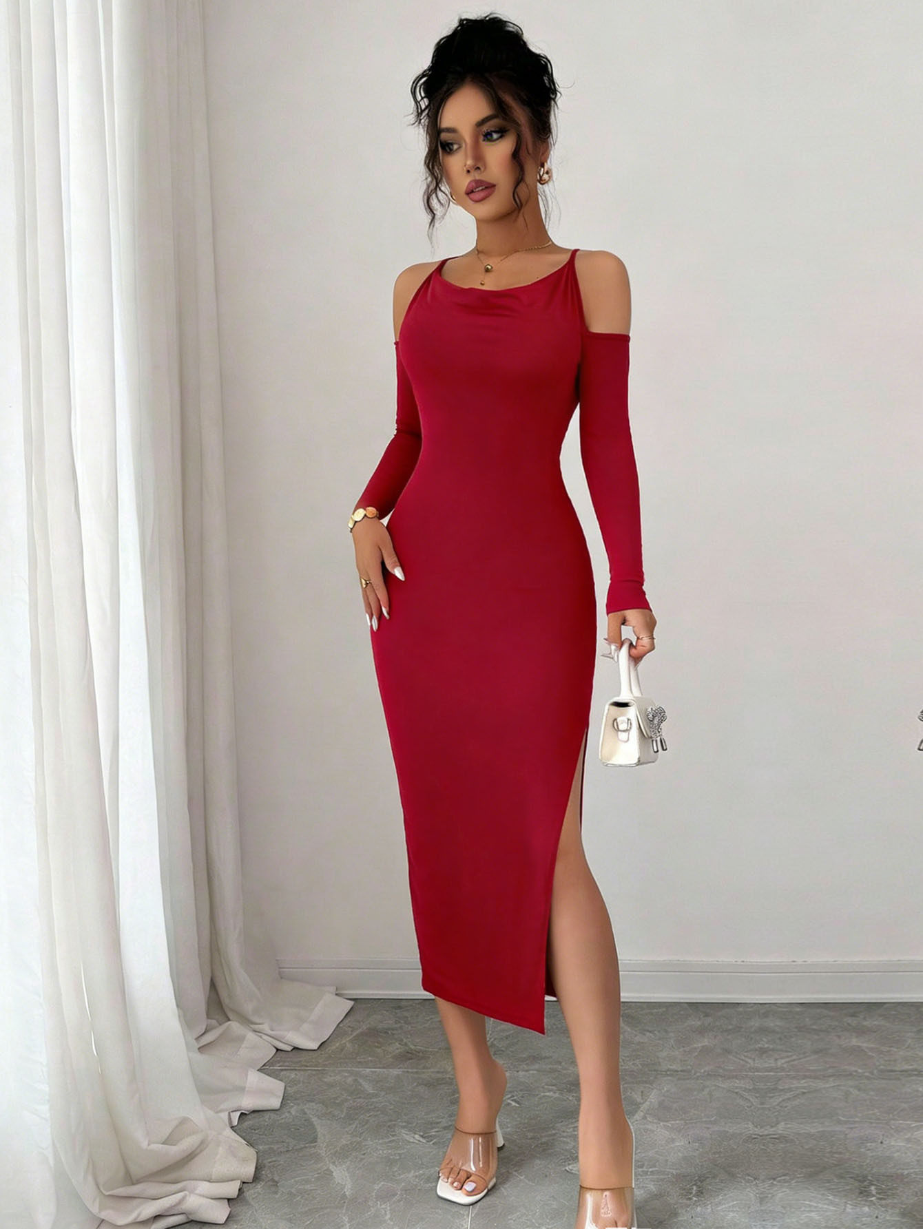 Off Shoulder Bodycon Dress Slim Fit Long Sleeve High Split Elegant Style Perfect for Parties and Formal Events