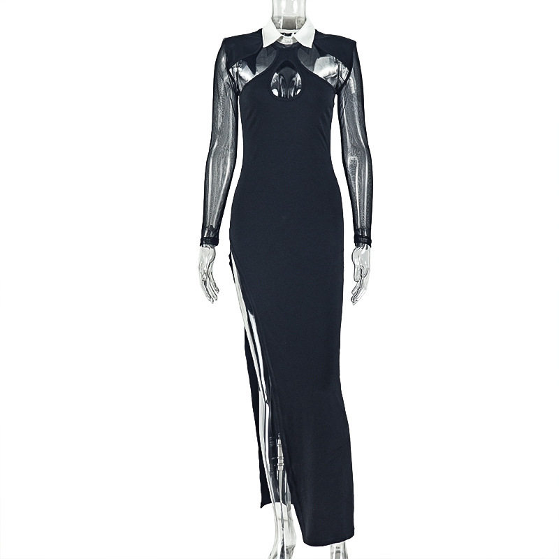Black and White Hollow Out Bodycon Dress Long Sleeve Shirt Collar Waist Cinching Elegant Style for Parties and Events