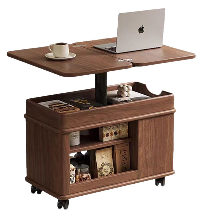 Solid Wood Trolley, Movable Side Table, Sofa Side Cabinet, Lift, Storage, Multi-Functional Wheeled Coffee Table, Tea Table