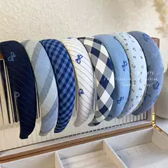 Blue Plaid Bow Sponge Headband for Girls, College Style High-Top Headband, New Wide-Brimmed Headband