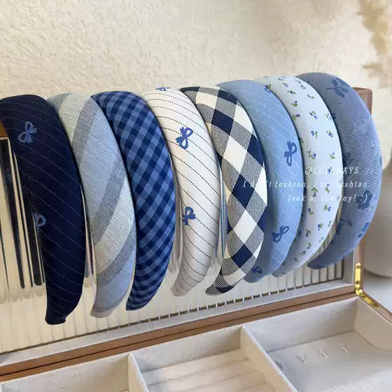 Blue Plaid Bow Sponge Headband for Girls, College Style High-Top Headband, New Wide-Brimmed Headband