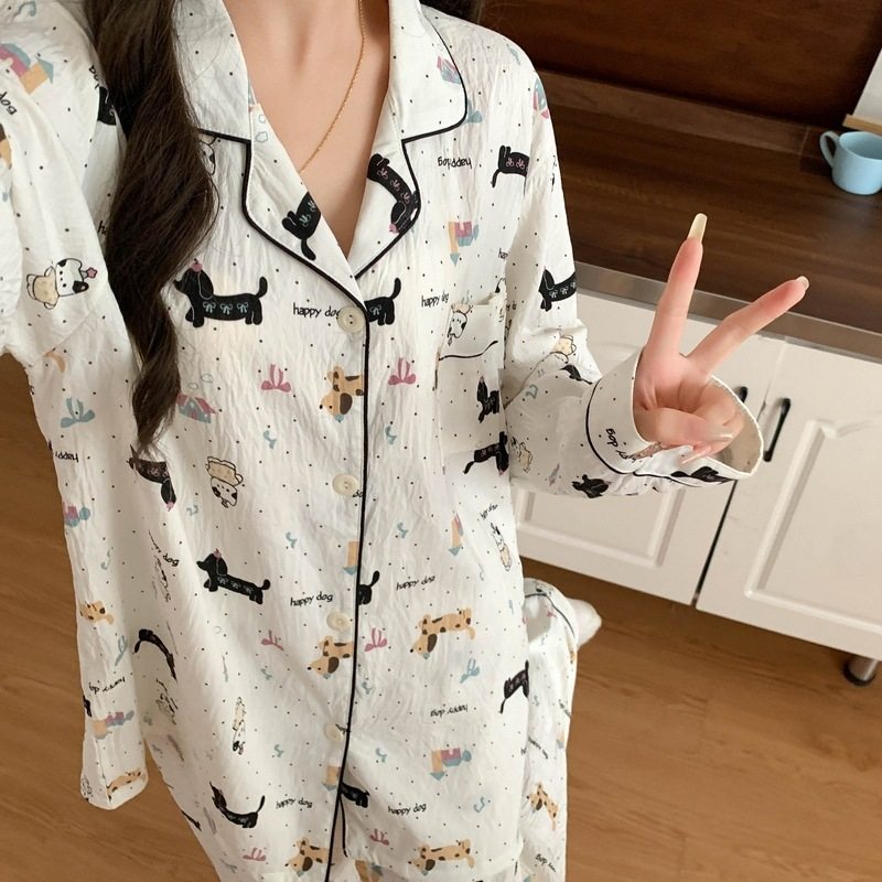 带胸垫大码睡衣女春秋季长袖甜美少女草莓条纹家居服套装现货跨境