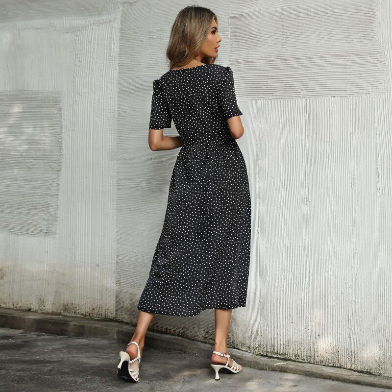 Summer Womens Midi Dress Short Sleeve Button Closure Polka Dot V Neck Casual Wear for Everyday Wholesale