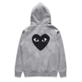 Terry light gray cardigan with small black heart on the front and big black heart on the back
