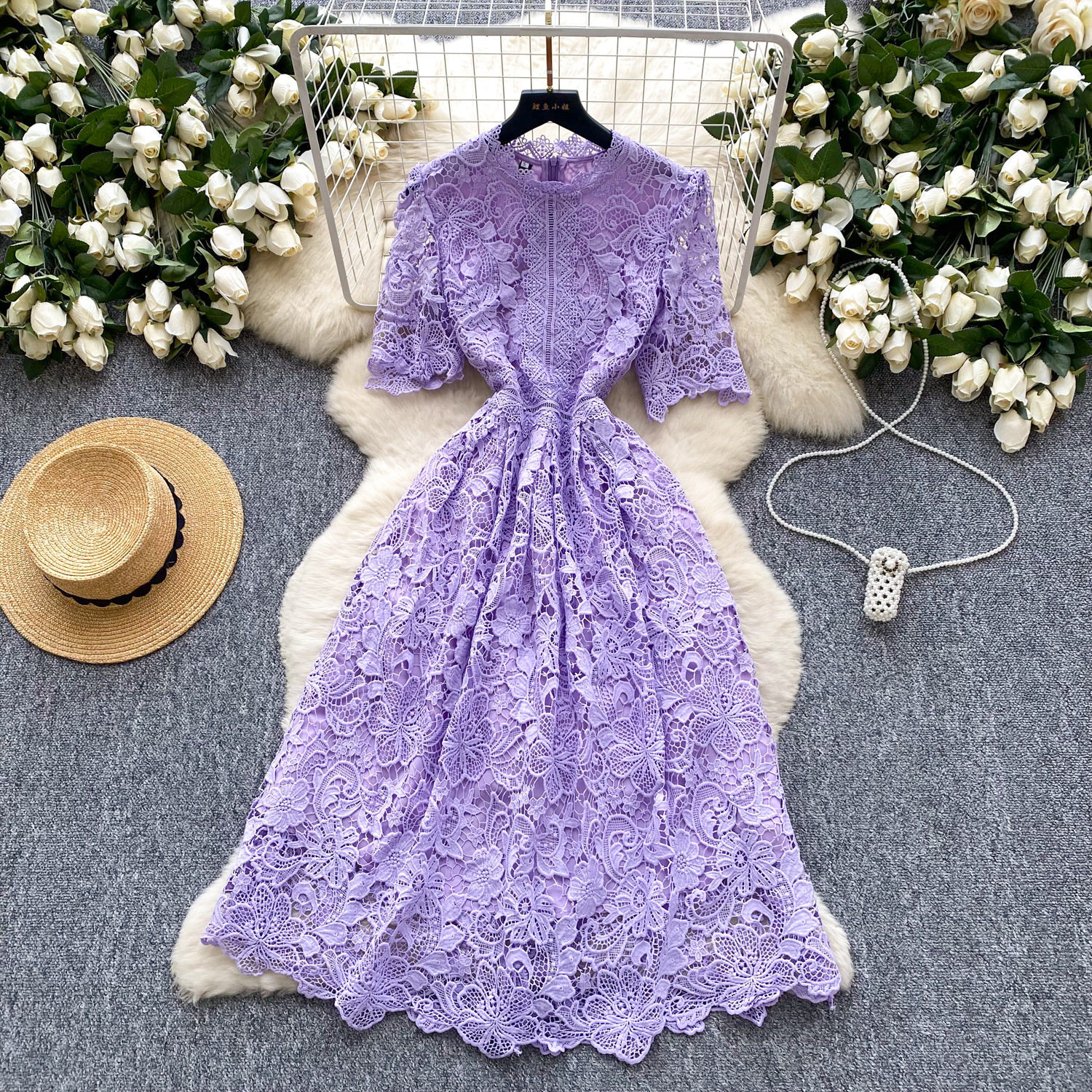 Lace Short Sleeve A Line Dress for Women Elegant Hollow Out Design Summer Cocktail Party Wear