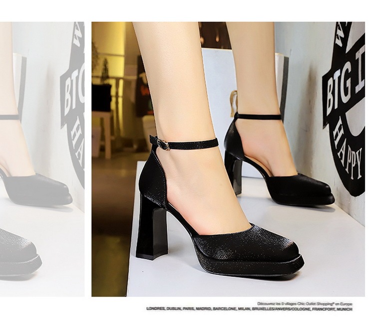 Sandal cao gót nữ quai ngang mũi vuông đế xuồng mặt satin — Màu đen, Màu đỏ rượu, Màu sâm panh, Màu trắng