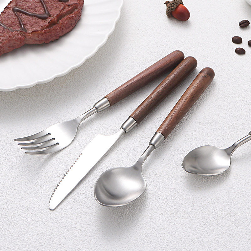 304 Stainless Steel Knife, Fork and Spoon Tableware Set Walnut Handle Household Western Tableware Steak Knife and Fork Dessert Spoon and Fork