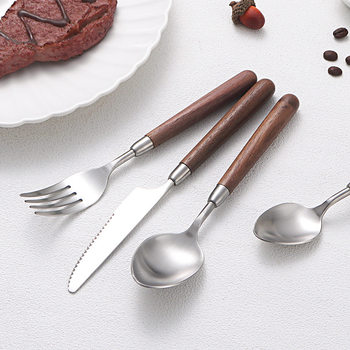 304 Stainless Steel Knife, Fork and Spoon Tableware Set Walnut Handle Household Western Tableware Steak Knife and Fork Dessert Spoon and Fork