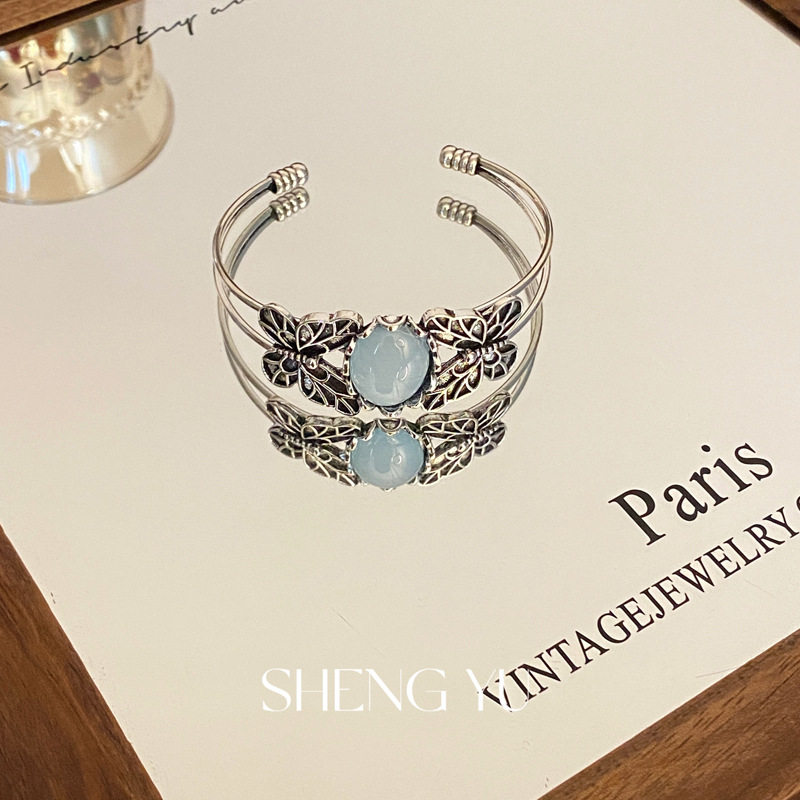 Antique Cool Feeling Old Butterfly Bracelet Imitation Aquamarus Double Opening Metal Bracelet Niche High-end Jewelry