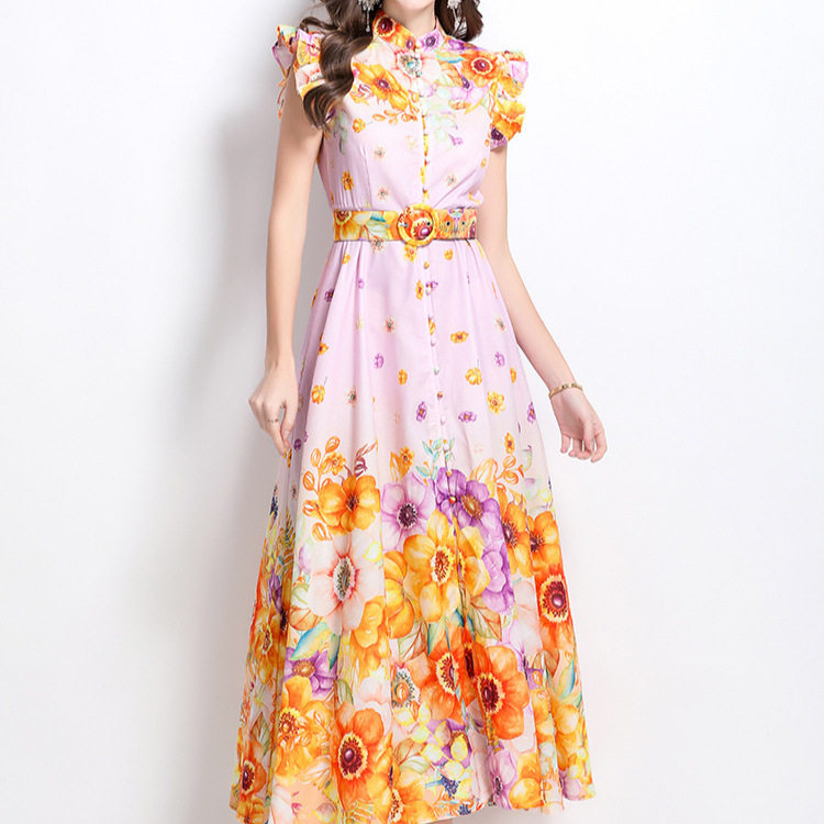 Elegant Floral Print A Line Dress Short Sleeve Stand Collar Waist Tie Flowy Skirt Perfect for Resort Wear