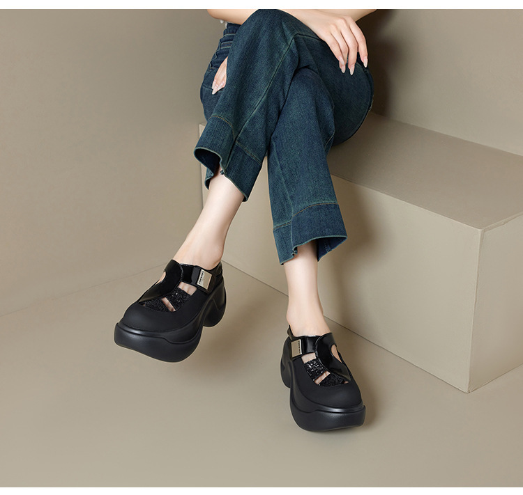 Giày sandal nữ gót cao 8cm đế dày đính đá, mũi tròn bít da bò khoét lỗ — Màu bạc, Màu đen, Màu trắng be